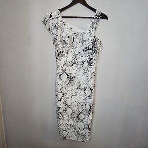 Rachel Roy Midi Dress Elegant Black White Snake Print Cocktail Neutral Ruffle